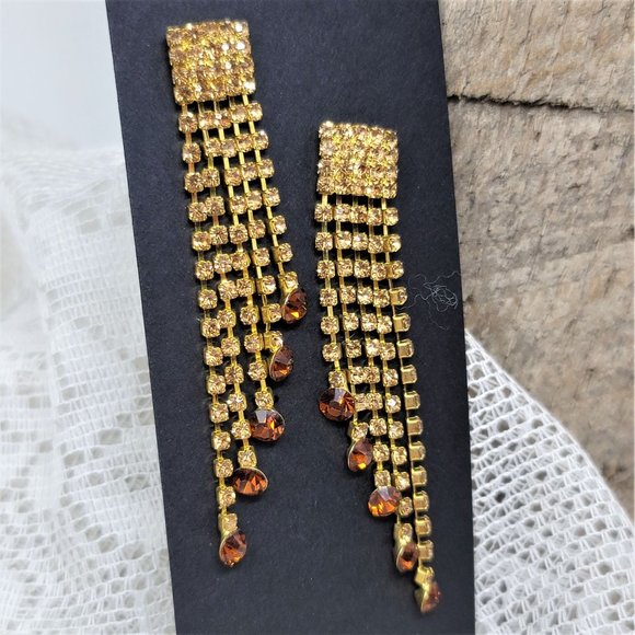 Topaz Long Dangle Rhinestone Earrings Pierced Posts Golden - Picture 6 of 6